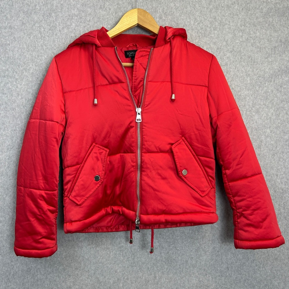 Topshop Puffer Jacket Red Quilted Hooded Full Zip Winter Coat Size US 2 UK 6